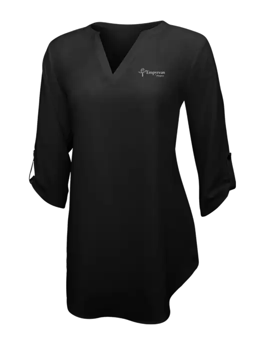 Womens Black 3/4 Sleeve Tunic Blouse w/Empyrean Hospice Logo