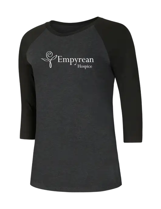 Womens Simply Soft 3/4 Sleeve Black/Black Frost Ring Spun Cotton T-Shirt w/Empyrean Hospice Logo