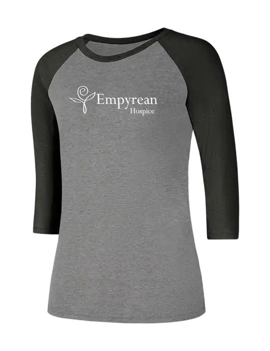Womens Simply Soft 3/4 Sleeve Black Frost/Grey Frost Ring Spun Cotton T-Shirt w/Empyrean Hospice Logo