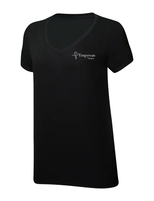 Womens Simply Soft V-Neck Black 4.5oz  Poly/Combed Ring Spun Cotton T-Shirt w/Empyrean Hospice Logo