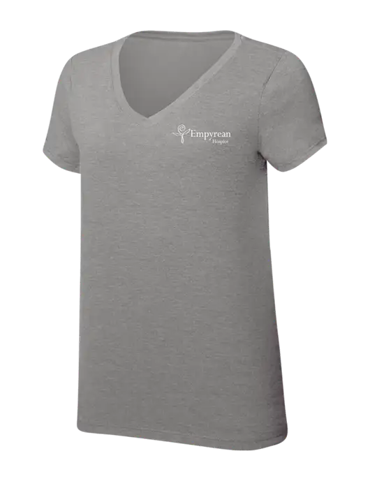 Womens Simply Soft V-Neck Grey Frost 4.5oz  Poly/Combed Ring Spun Cotton T-Shirt w/Empyrean Hospice Logo
