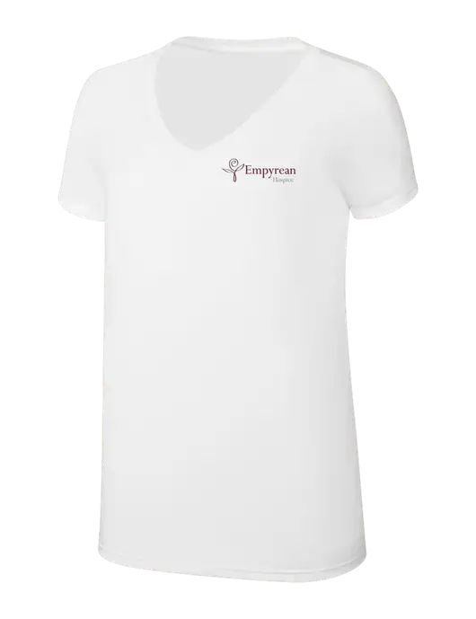 Womens Simply Soft V-Neck White 4.5oz  Poly/Combed Ring Spun Cotton T-Shirt w/Empyrean Hospice Logo