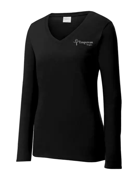 Womens V-Neck Ring Spun Jet Black 4.5 oz Long Sleeve T-Shirt w/Empyrean Hospice Logo