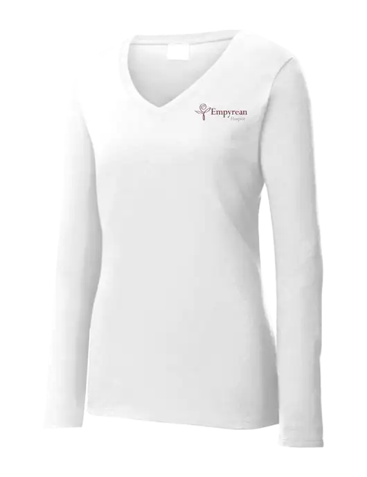 Womens  V-Neck Ring Spun White 4.5 oz Long Sleeve T-Shirt w/Empyrean Hospice Logo