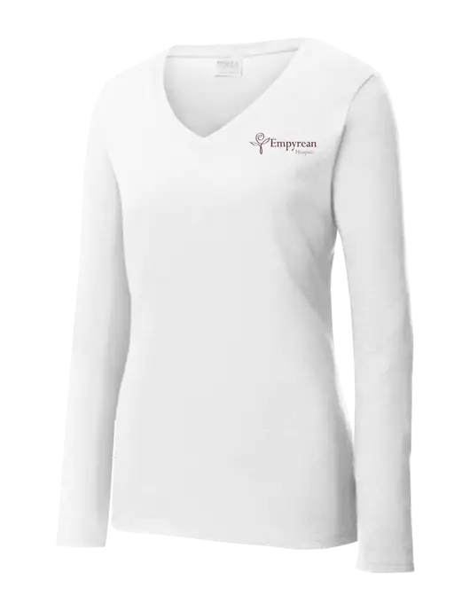 Womens  V-Neck Ring Spun White 4.5 oz Long Sleeve T-Shirt w/Empyrean Hospice Logo