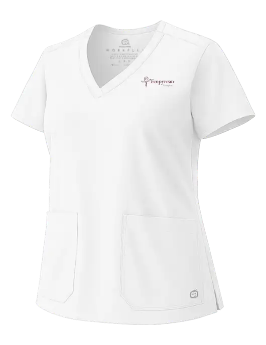 Wink White Womens WorkFlex V-Neck Top w/Empyrean Hospice Logo